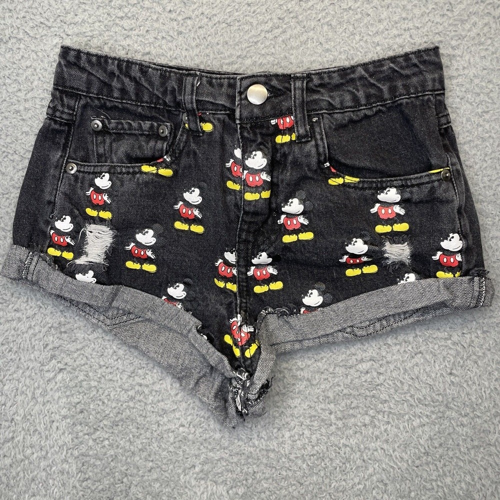 Forever 21 Mickey Mouse Denim Shorts Womens 24 Black Jean Mid Rise Very Short